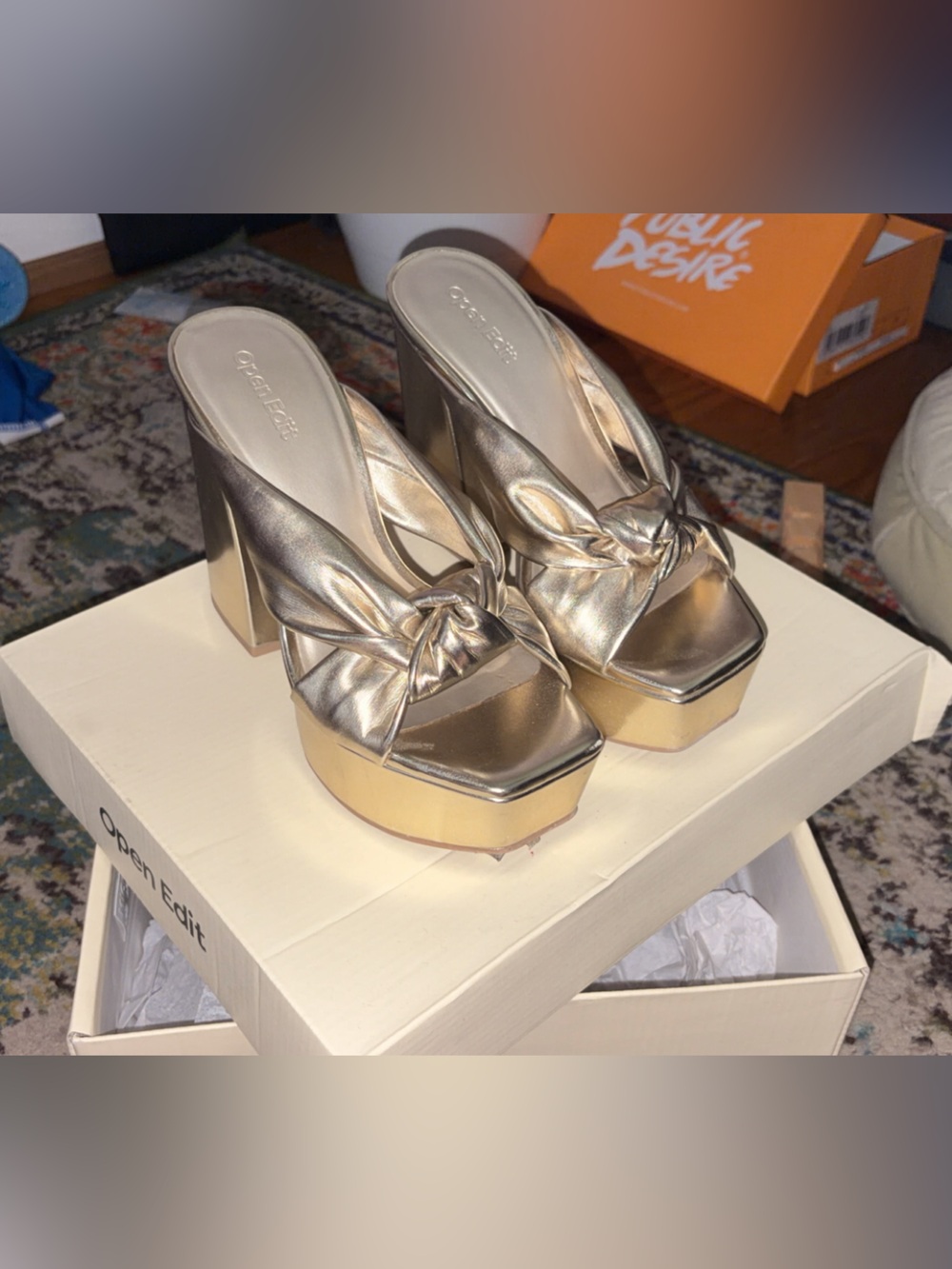 Open Edit Metallic Gold Knot-Front Platform Mules